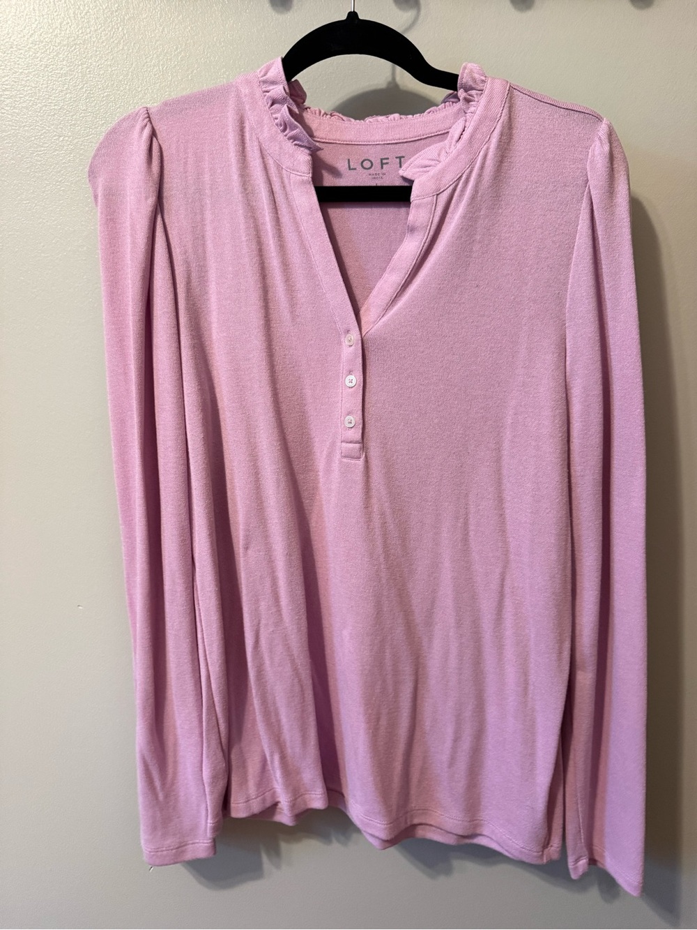 LOFT Light Pink Ruffle-Trim Long Sleeve Henley